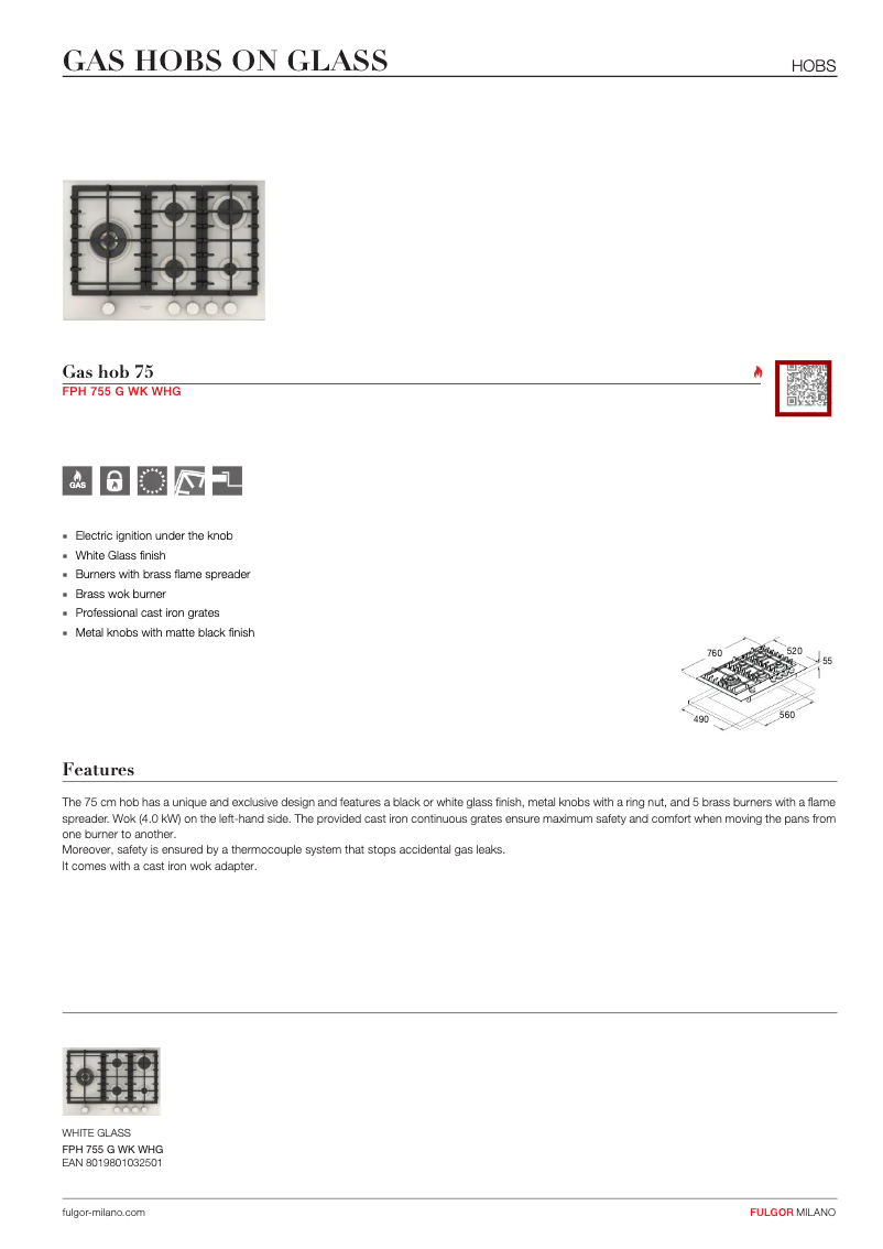 Page 1 of the manual Technical Sheet Fulgor Milano FPH 755 G WK WHG
