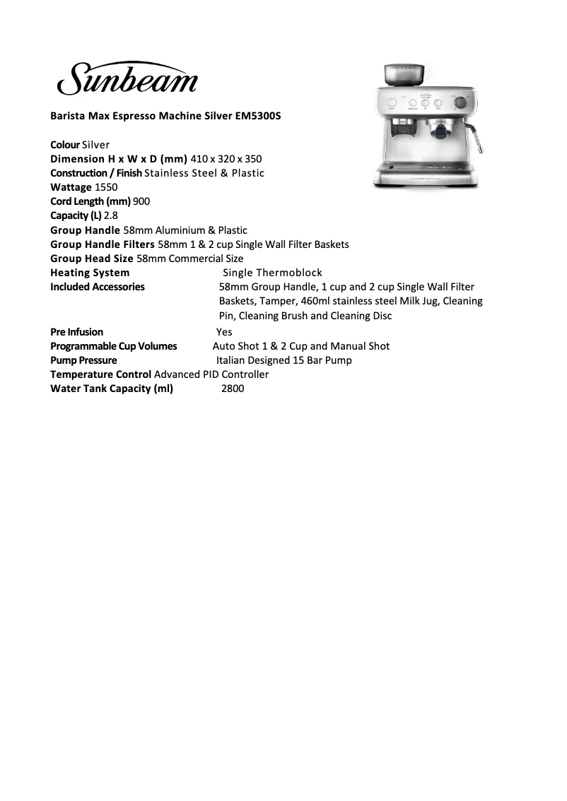 Page 1 de la notice Fiche technique Sunbeam Barista Max EM5300