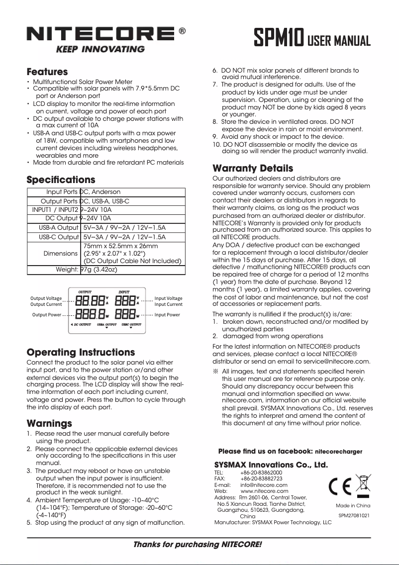 Page n°1 - Manuel utilisateur Nitecore SPM10
