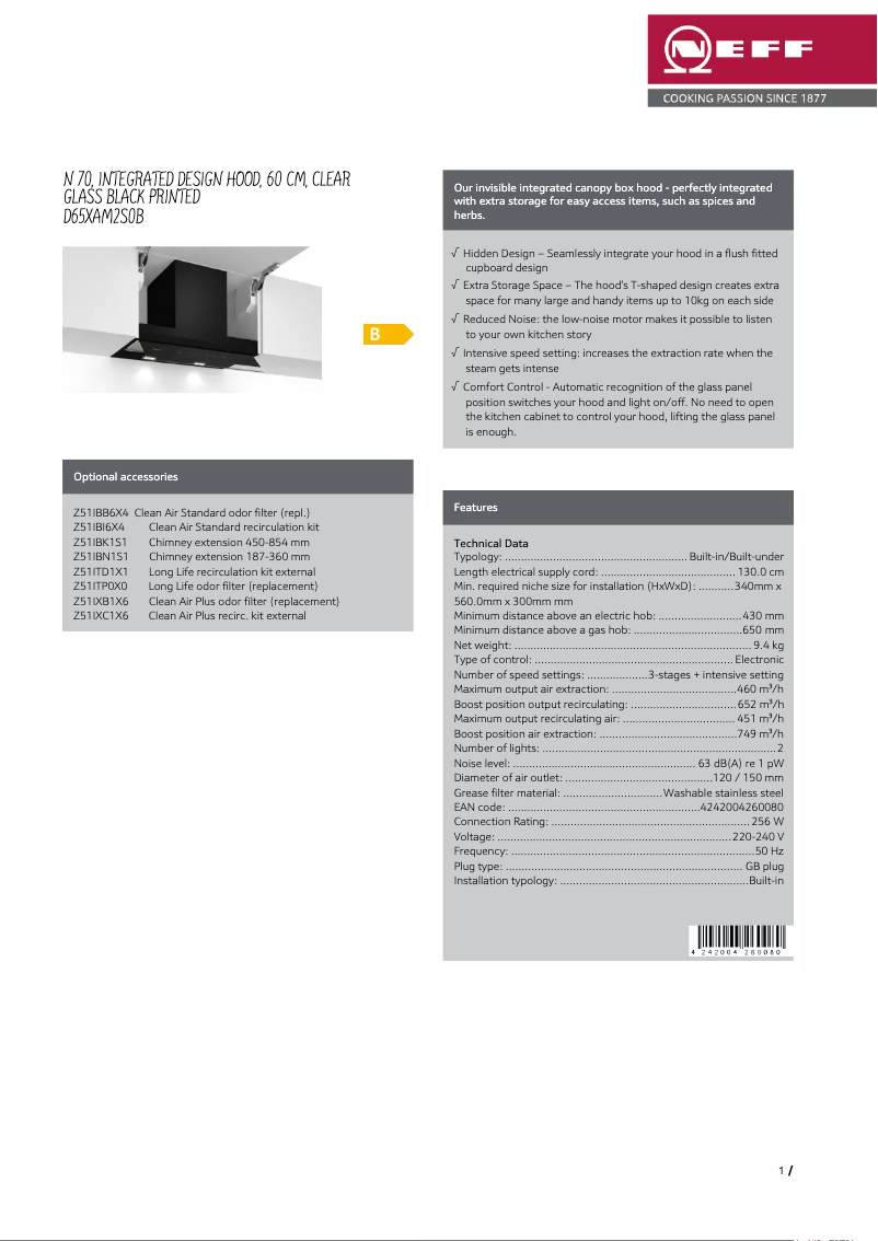 Page 1 de la notice Fiche technique Neff D65XAM2S0B