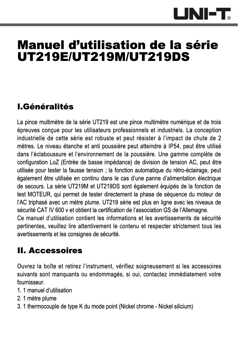 Page 1 de la notice Manuel utilisateur Uni-T UT219DS
