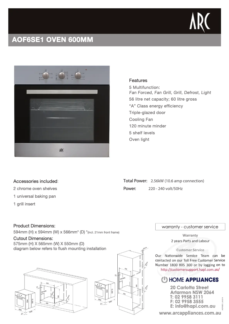 Page 1 de la notice Fiche technique ARC AOF6SE1