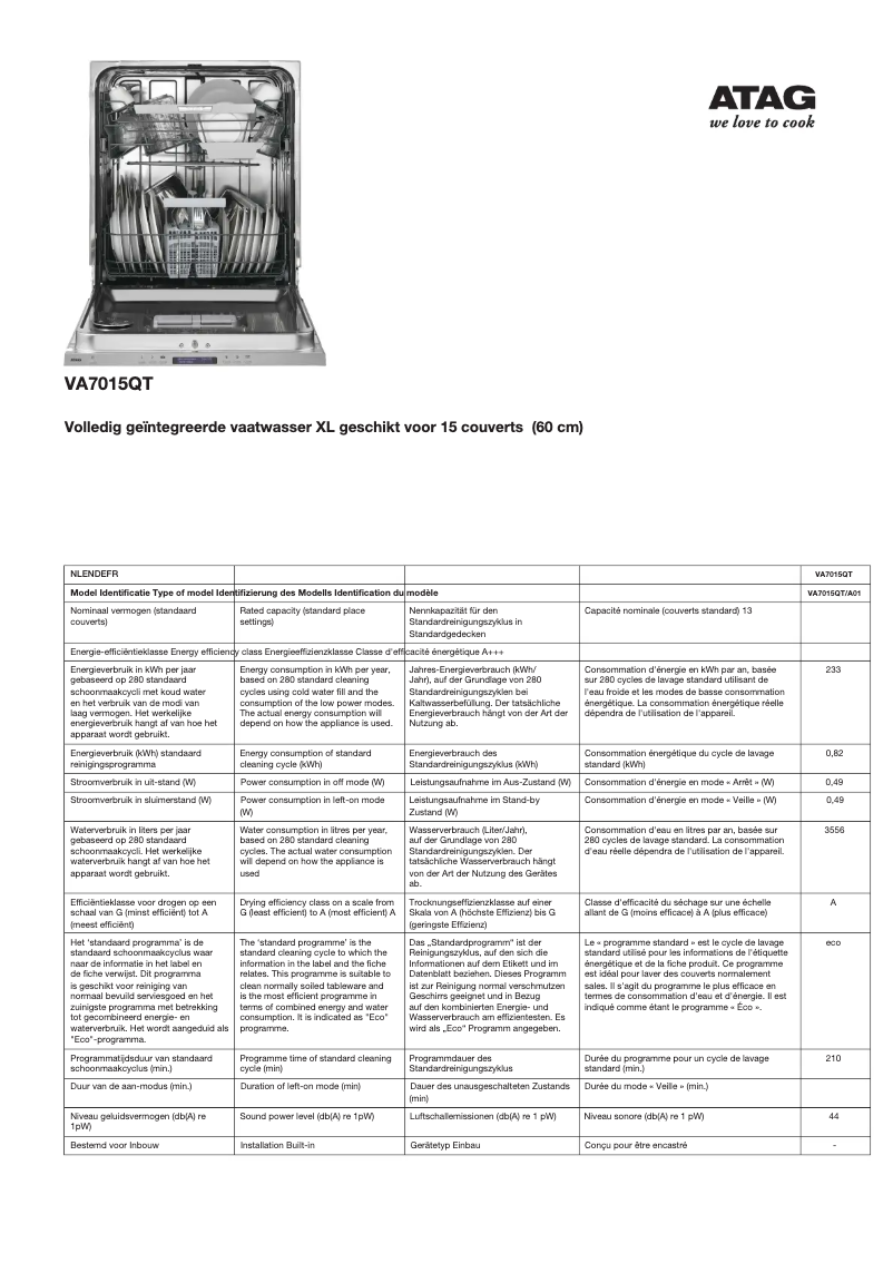 Page 1 de la notice Manuel utilisateur Atag VA7015QT