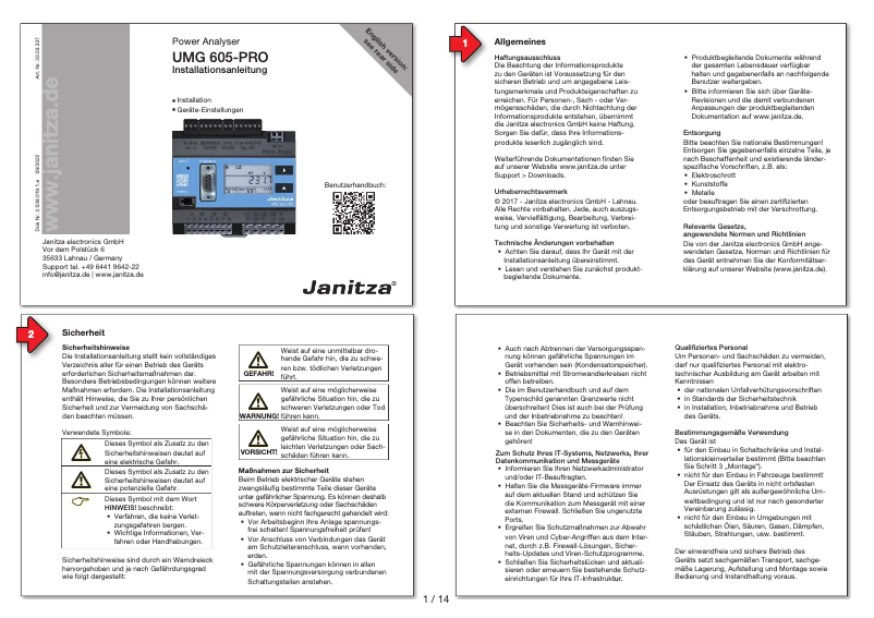 Page 1 de la notice Manuel utilisateur Janitza UMG 605-PRO