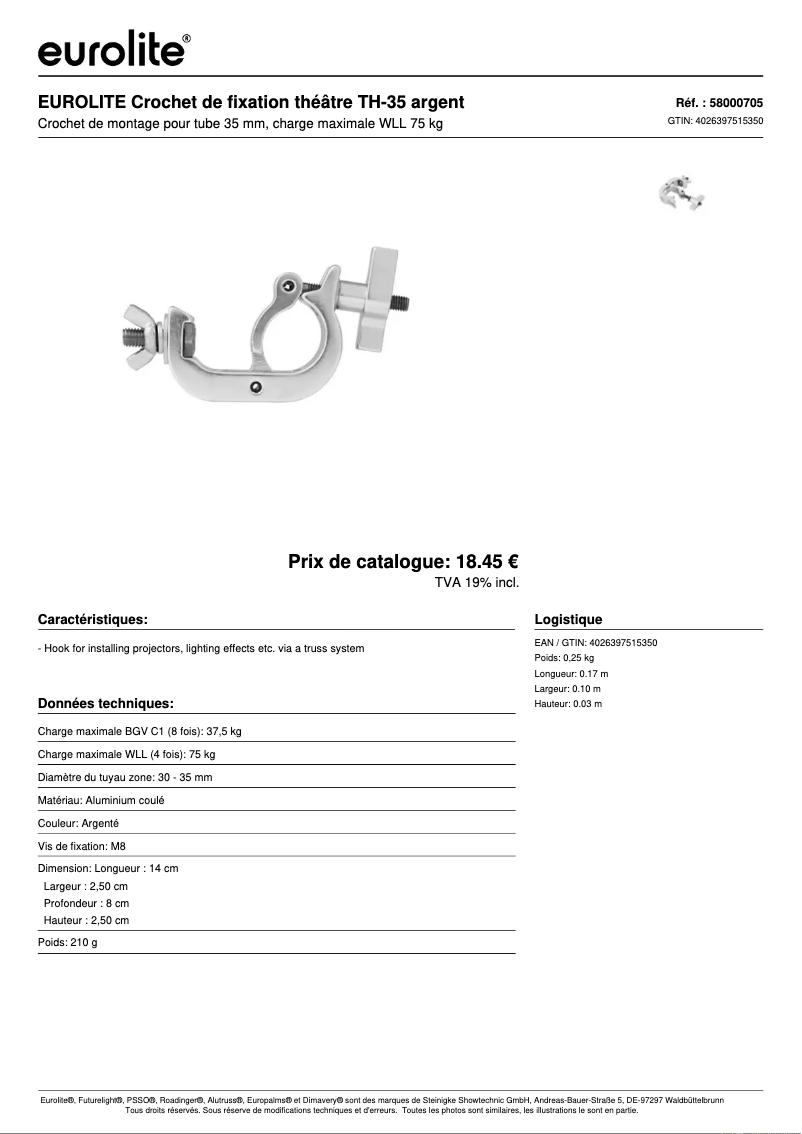 Page 1 de la notice Fiche technique Eurolite TH-35