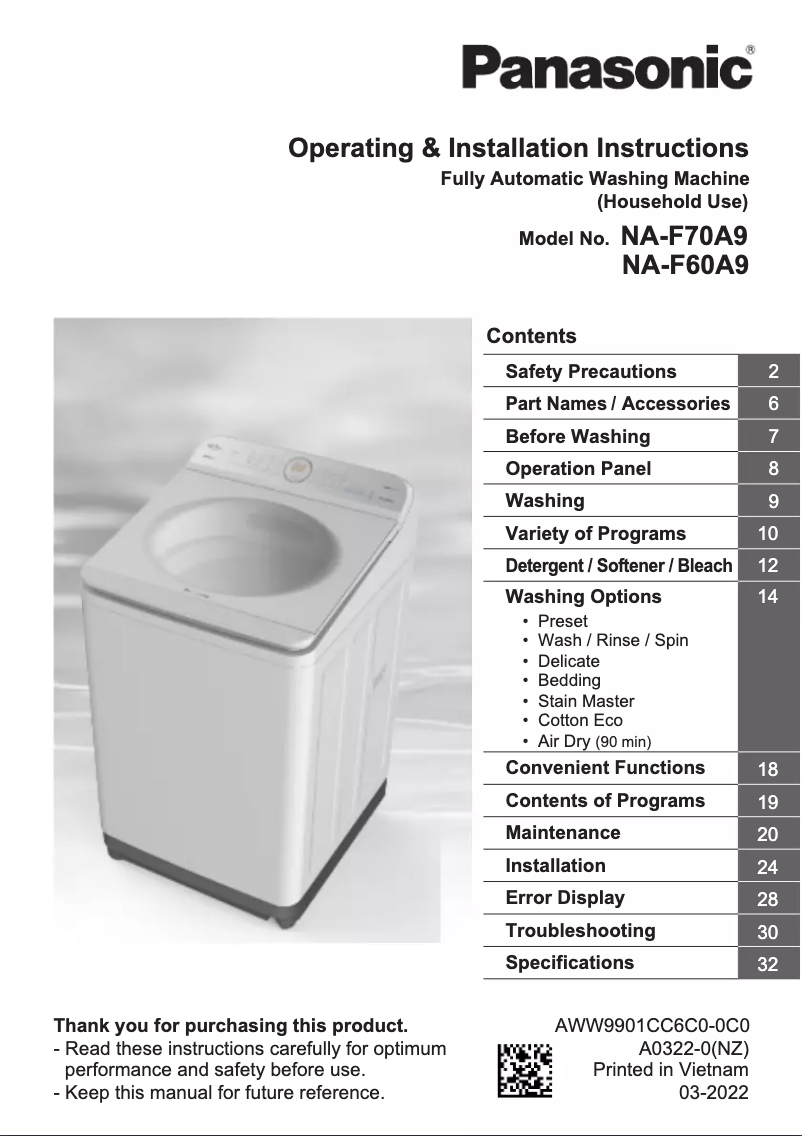 Page n°1 - Manuel utilisateur Panasonic NA-F60A9