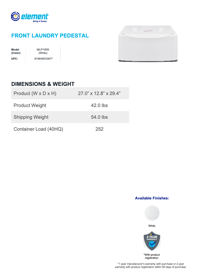 Page 1 de la notice Fiche technique Element MLP1WW