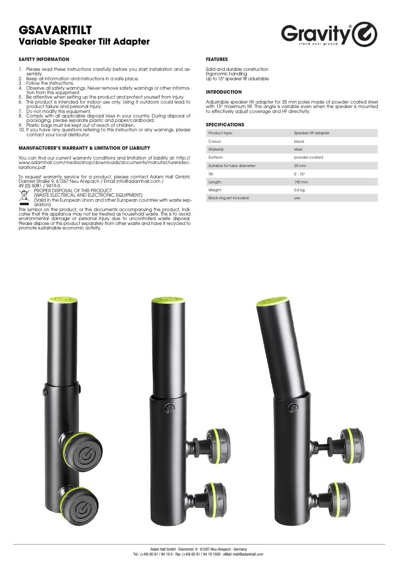 Page 1 de la notice Manuel utilisateur Gravity SA Vari-tilt