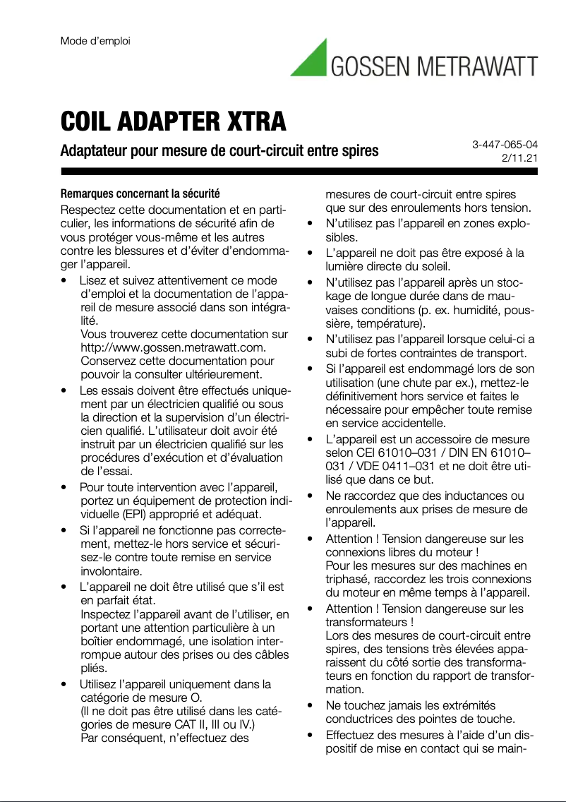 Page 1 de la notice Manuel utilisateur Gossen Metrawatt Coil Adapter XTRA