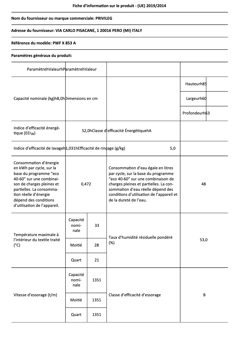 Page n°1 - Fiche technique Privileg PWF X 853 A