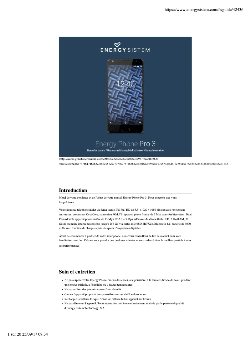 First page image of the manual for Energy Phone Pro 3