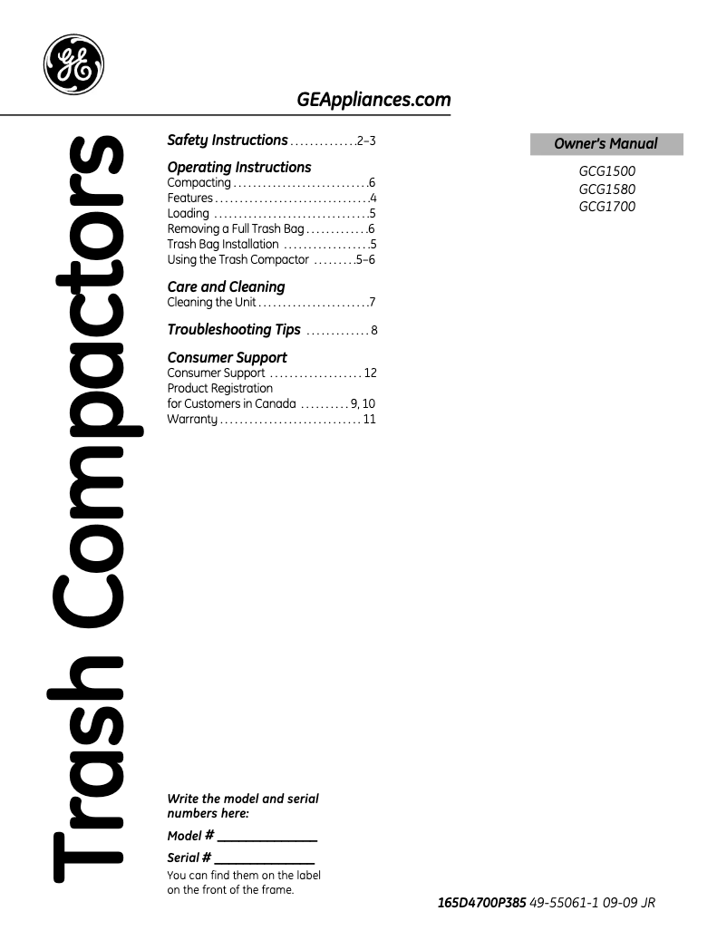 Page n°1 - Manuel utilisateur GE GCG1500
