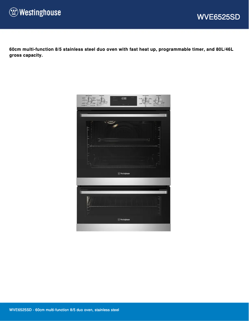 Page 1 de la notice Fiche technique Westinghouse WVE6525SD