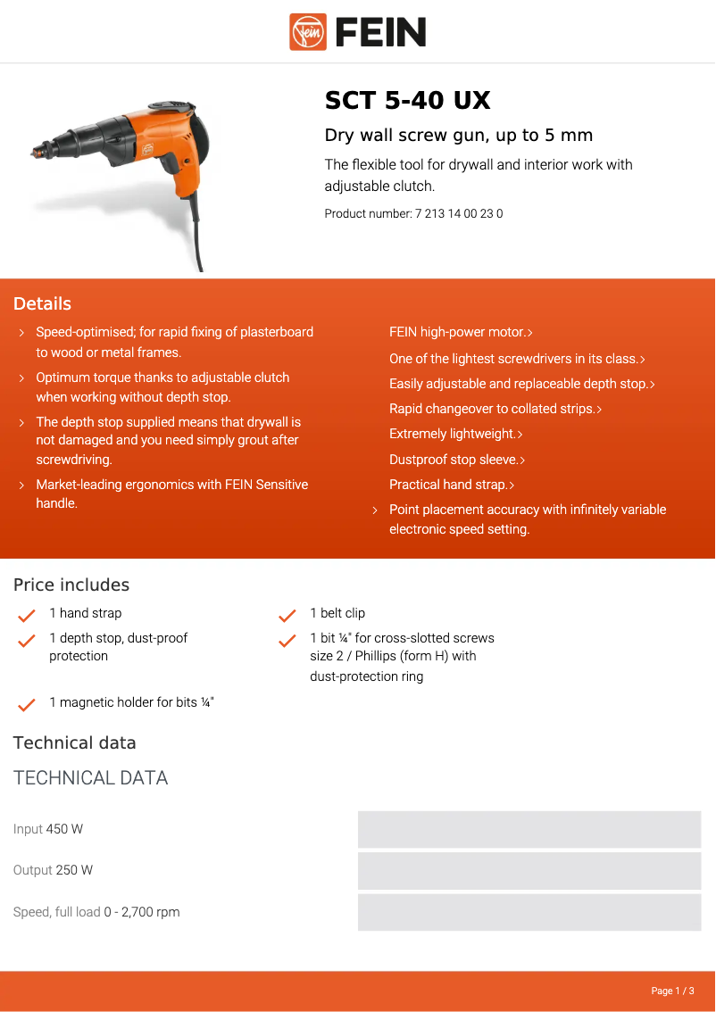 Página 1 del manual Ficha técnica Fein SCT 5-40 UX