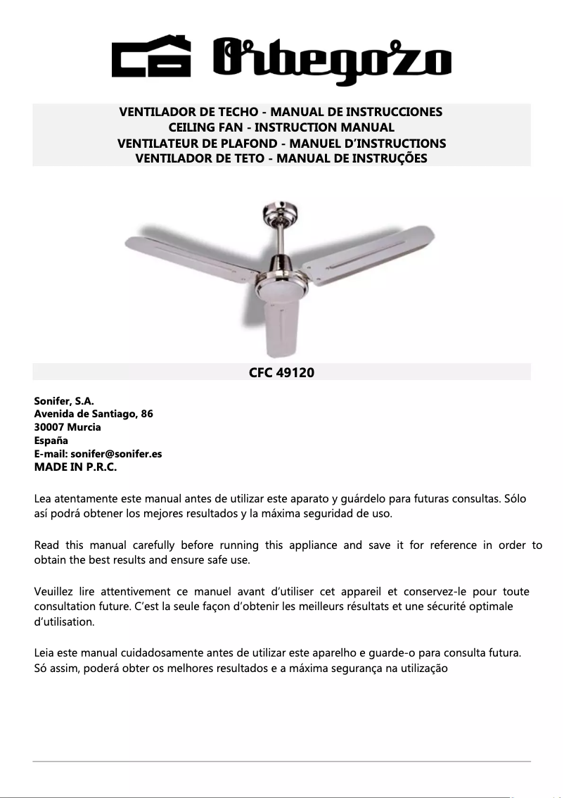 Page n°1 - Manuel utilisateur Orbegozo CFC 49120