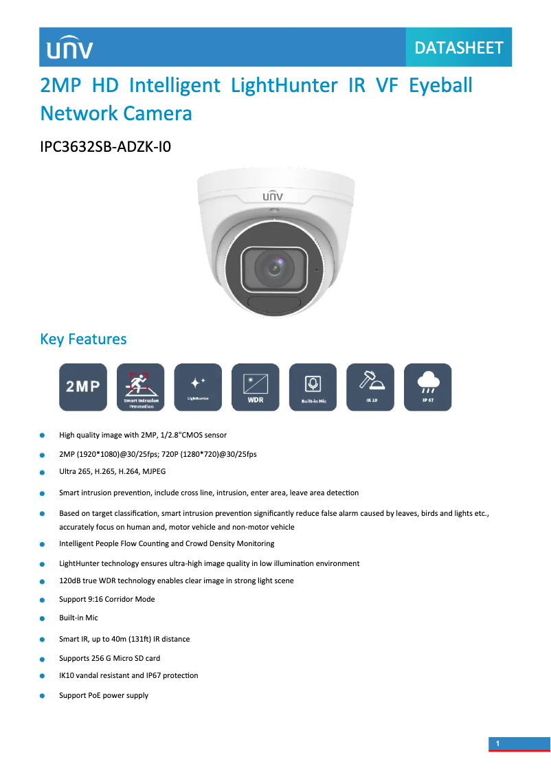 Page 1 de la notice Fiche technique UniView IPC3632SB-ADZK-I0