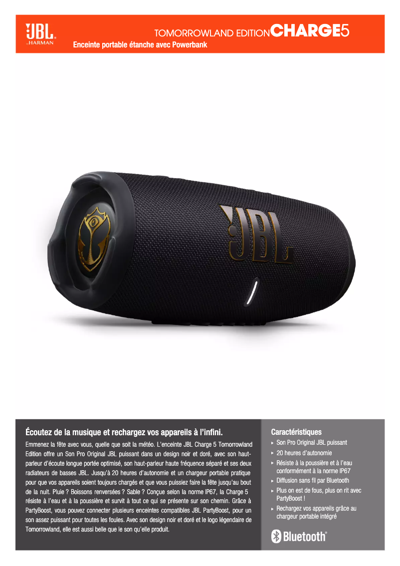 Page 1 de la notice Fiche technique JBL Charge 5 Tomorrowland Edition
