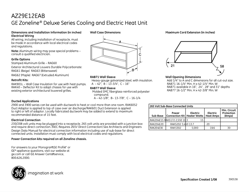Page 1 de la notice Fiche technique GE AZ29E12EAB