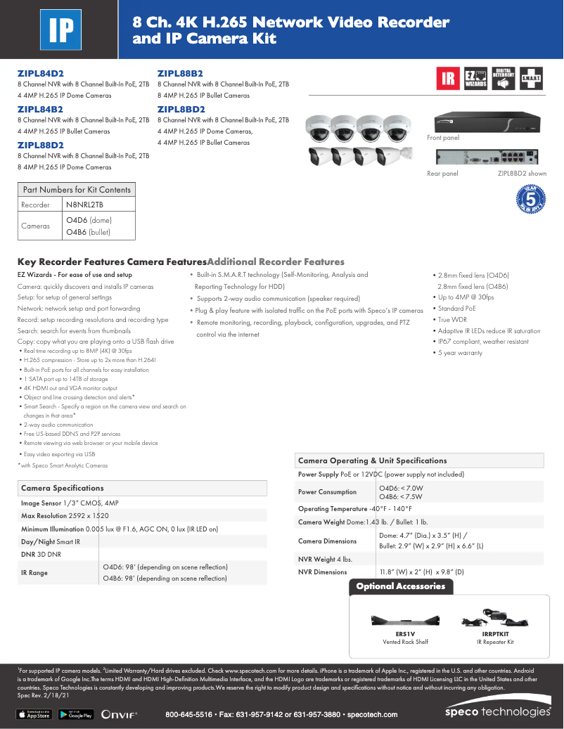 Page 1 de la notice Fiche technique Speco Technologies ZIPL84B2