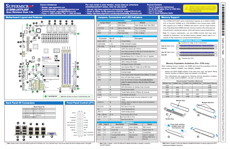 Page 1 de la notice Guide de démarrage rapide Supermicro A1SRM-LN7F-2758