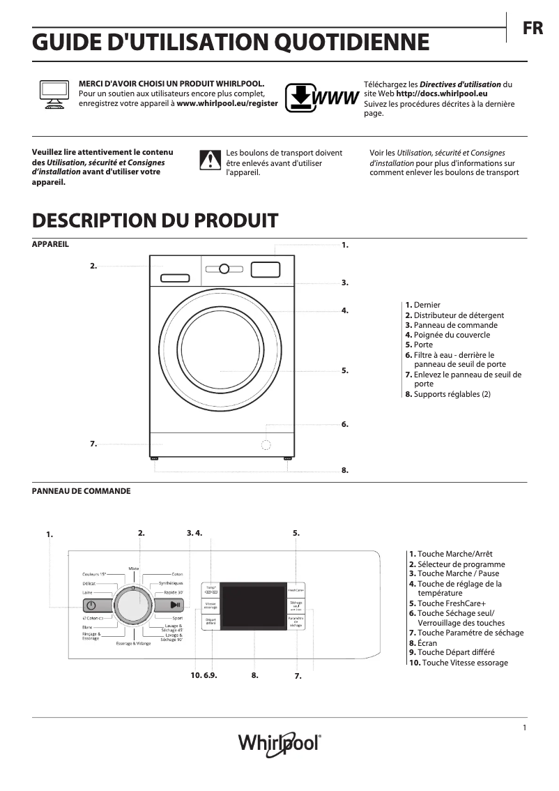Page 1 de la notice Manuel utilisateur Whirlpool FWDG86148WS