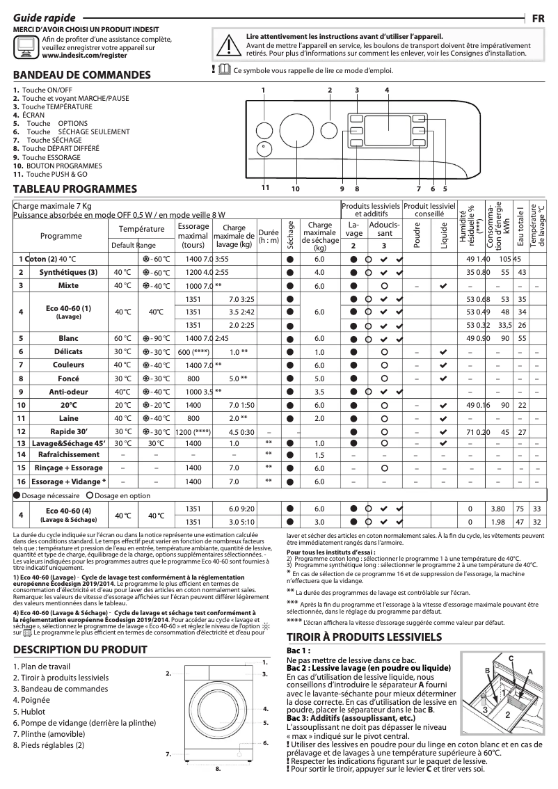 Page 1 de la notice Manuel utilisateur Indesit BDE 76435 9W