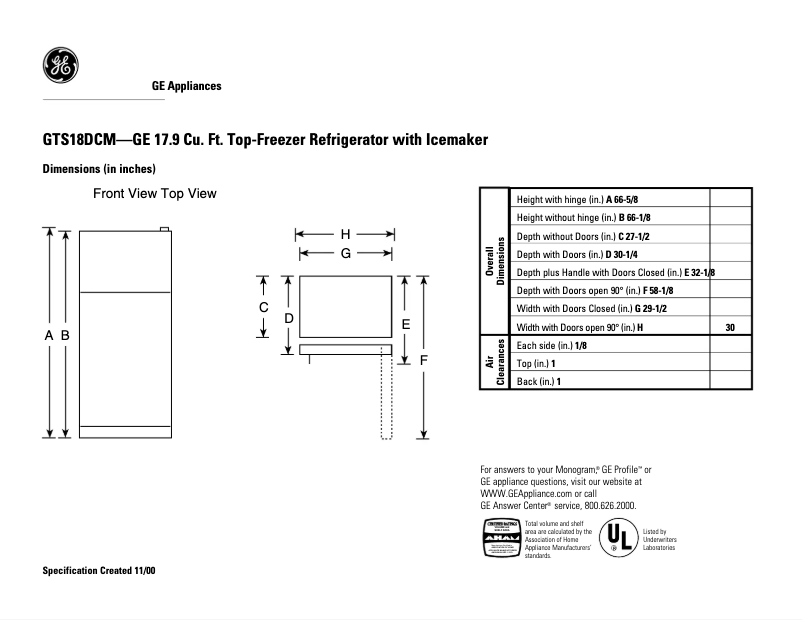 Page n°1 - Fiche technique GE GTS18DCMLAA