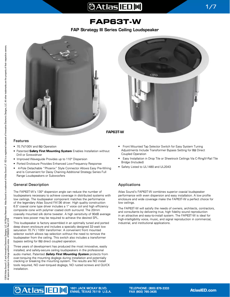 Page 1 de la notice Mode d'emploi Atlas Sound FAP63T-W