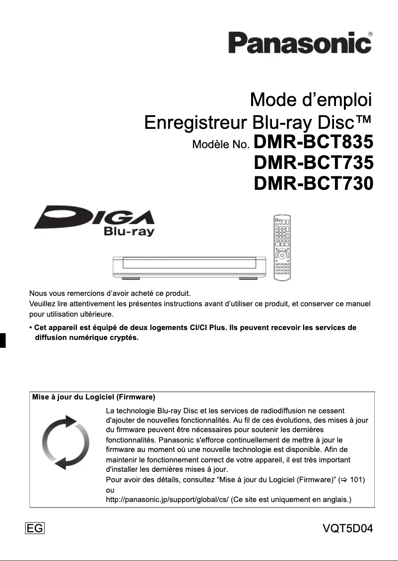 Page 1 de la notice Manuel utilisateur Panasonic DMR-BCT835