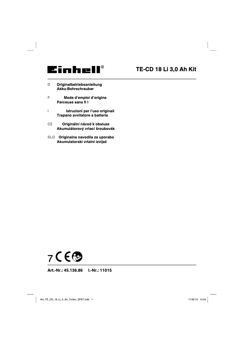 Page 1 de la notice Manuel utilisateur Einhell TE-CD 18 Li 3,0 Ah Kit