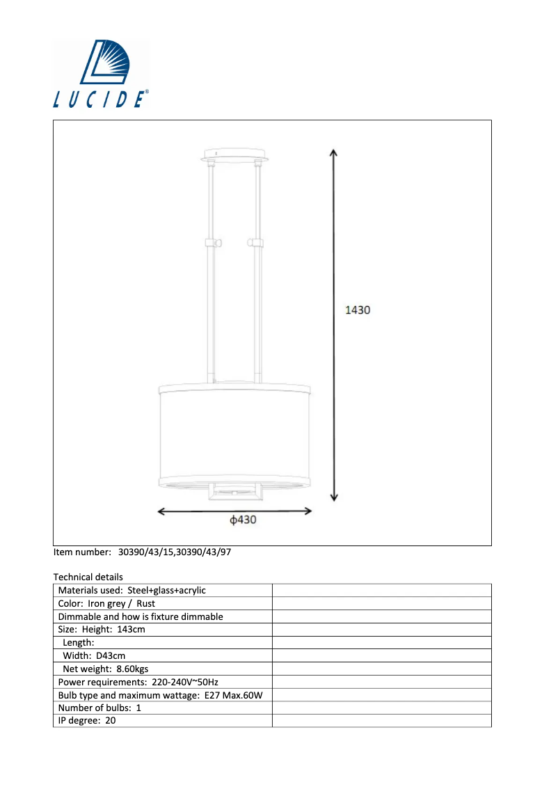 Page 1 de la notice Manuel utilisateur Lucide Brunello 30390/43/97