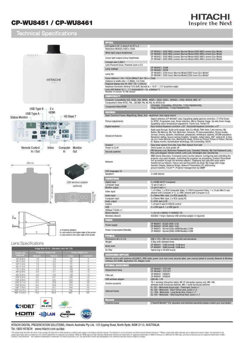 Page 1 de la notice Fiche technique Hitachi CP-WU8451