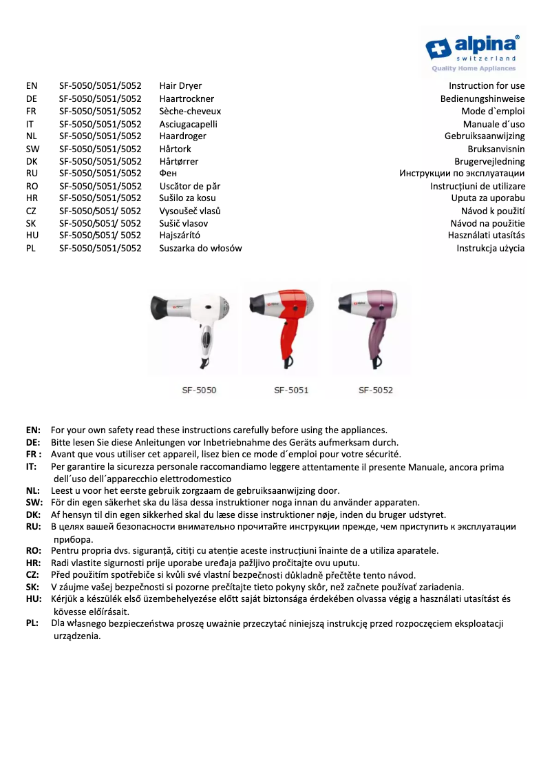 Page n°1 - Manuel utilisateur Alpina SF 5051