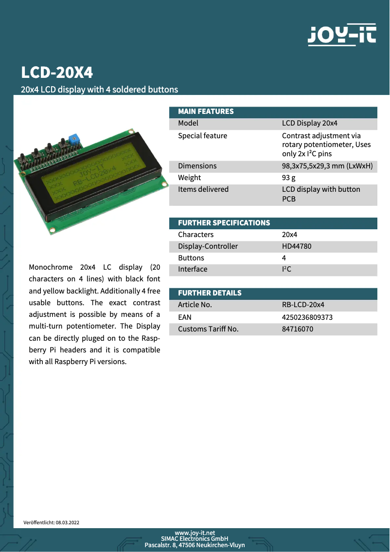 Imagen de la primera página del manual del dispositivo RB-LCD-20x4