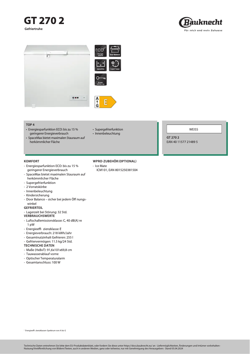 Page 1 de la notice Fiche technique Bauknecht GT 270 2