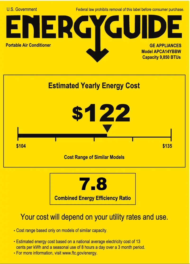 Page 1 de la notice Label énergétique GE APCA14YBBW