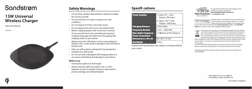 Page 1 de la notice Manuel utilisateur Sandstrøm S15WC18