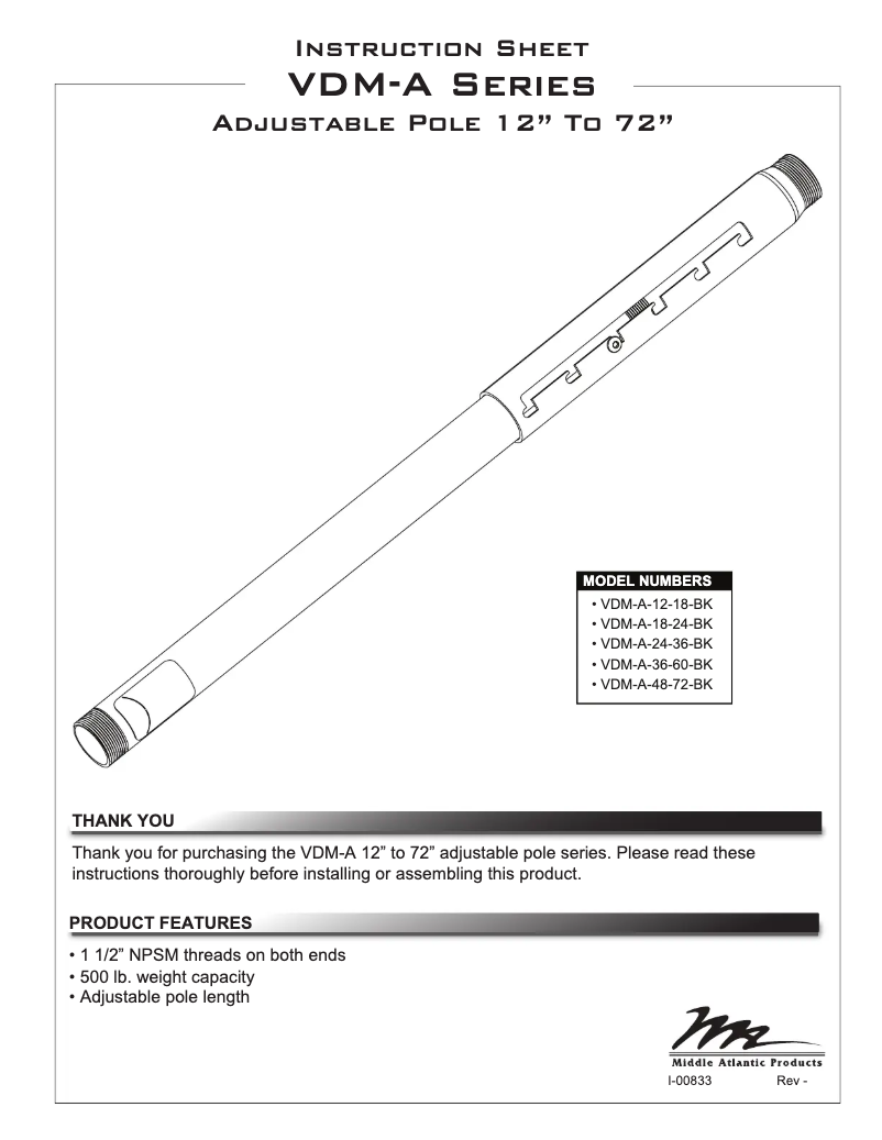 Page 1 de la notice Manuel utilisateur Middle Atlantic VDM-A-24-36-BK