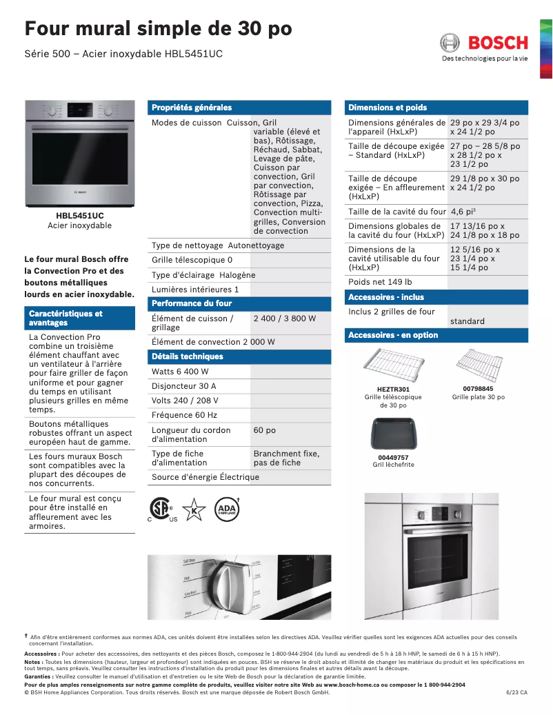 Page 1 de la notice Fiche technique Bosch HBL5451UC