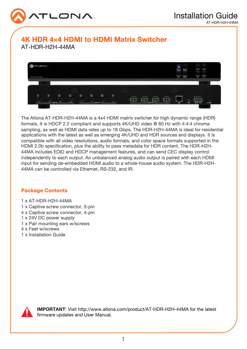 Page n°1 - Guide d'installation Atlona AT-HDR-H2H-44MA