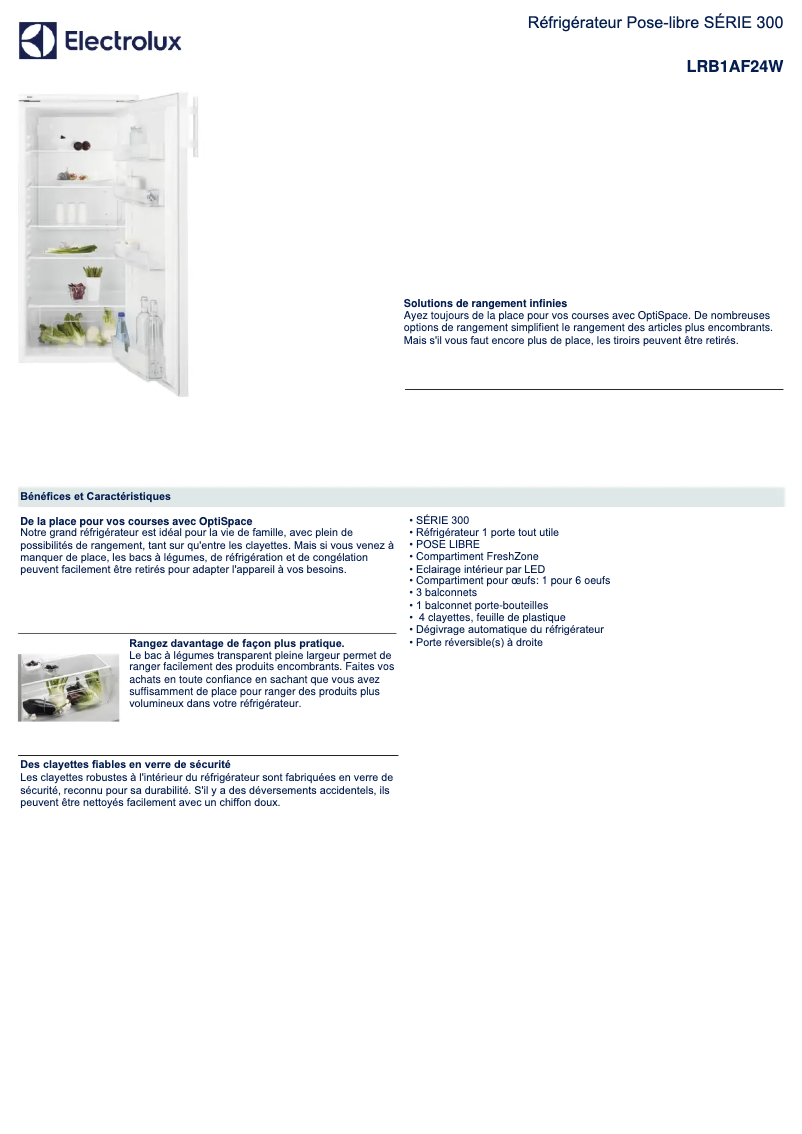 Page 1 de la notice Fiche technique Electrolux LRB1AF24W