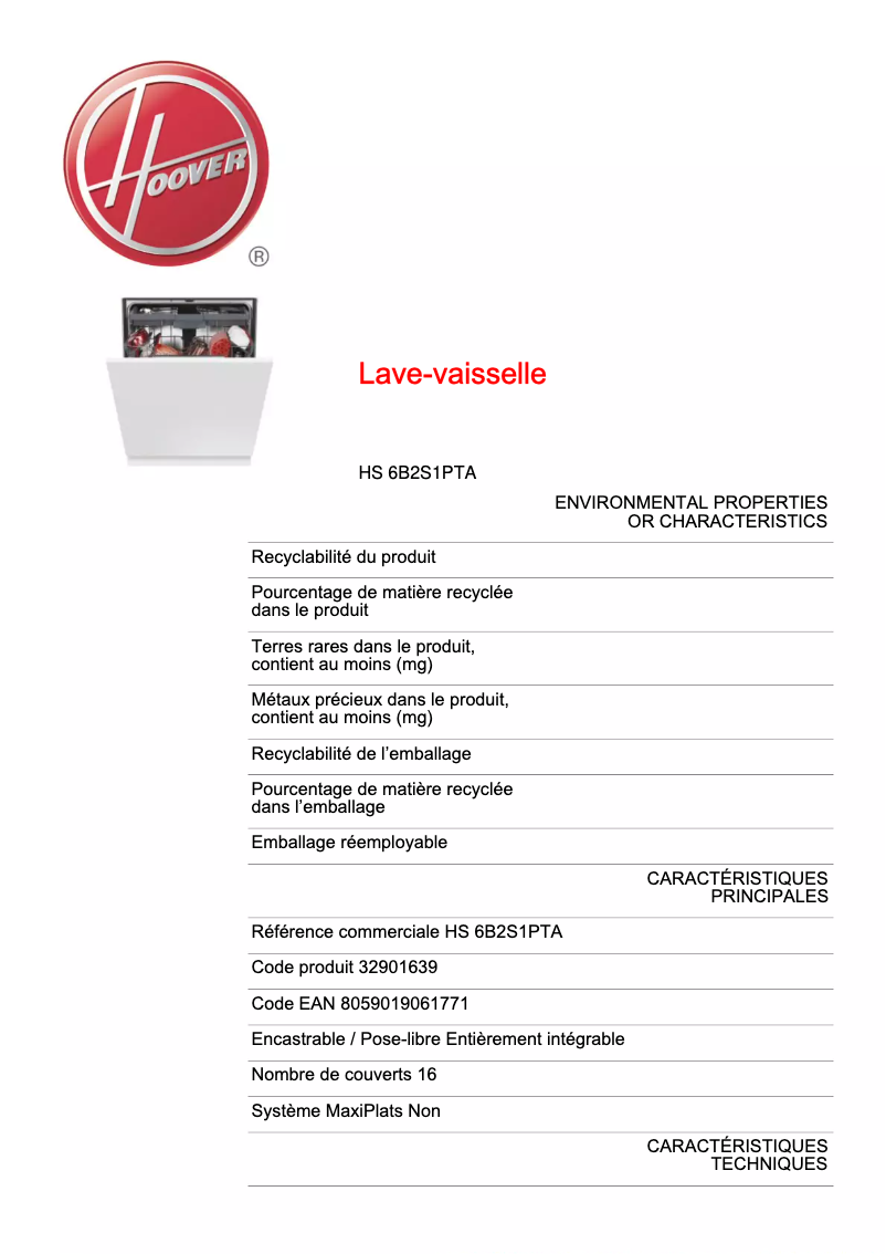 Page 1 de la notice Fiche technique Hoover H-DISH 700