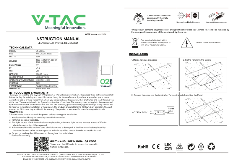 Page 1 de la notice Manuel utilisateur V-TAC VT-60036