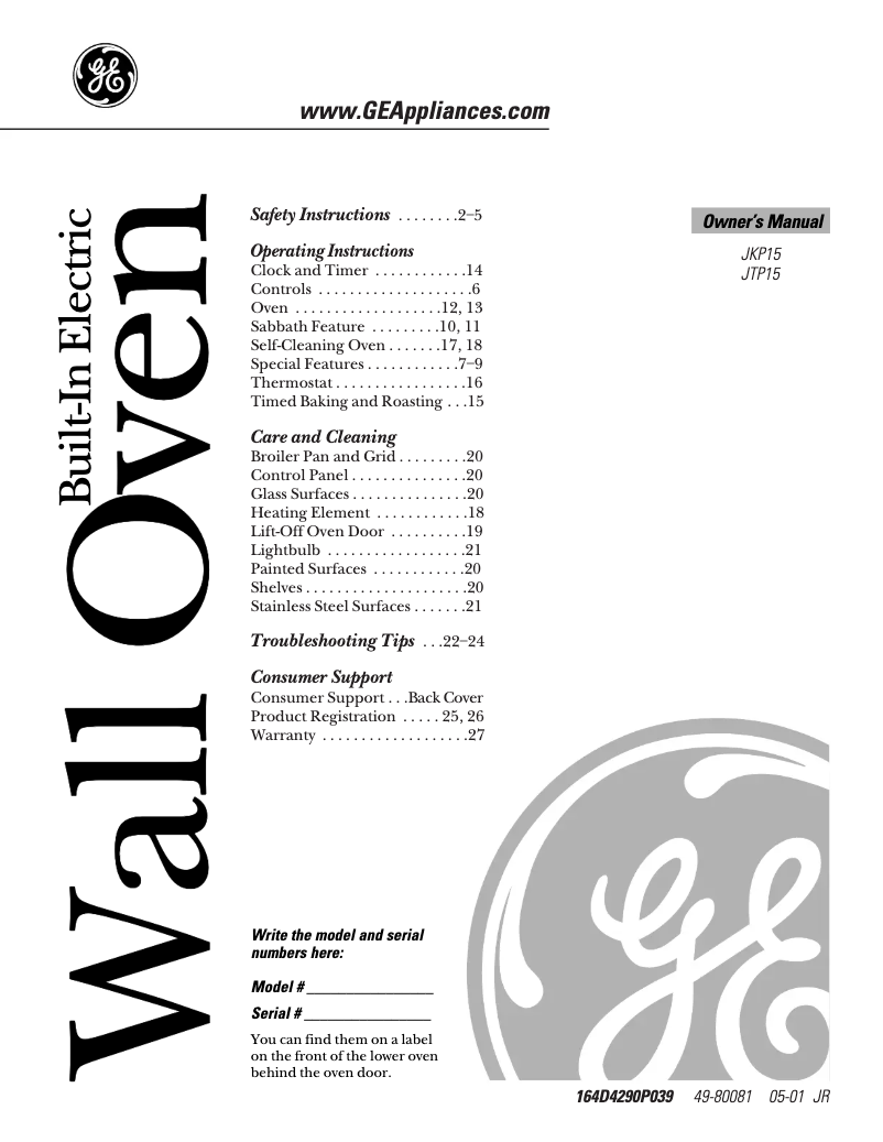 Page 1 de la notice Manuel d'utilisation et d'entretien GE JKP15WDWW