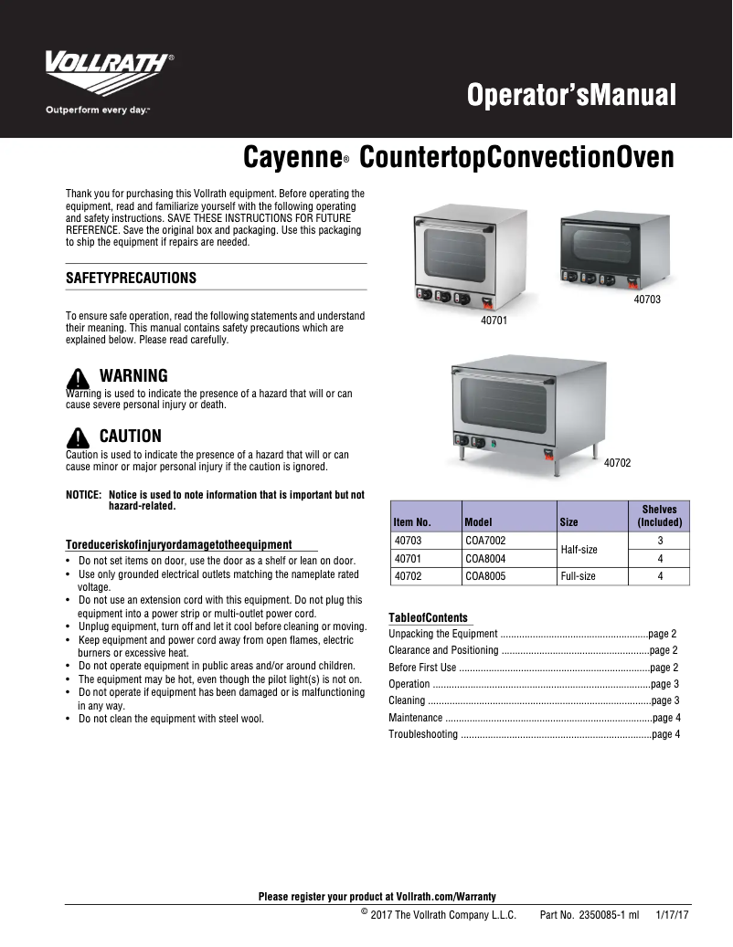 Page 1 de la notice Manuel utilisateur Vollrath COA8004