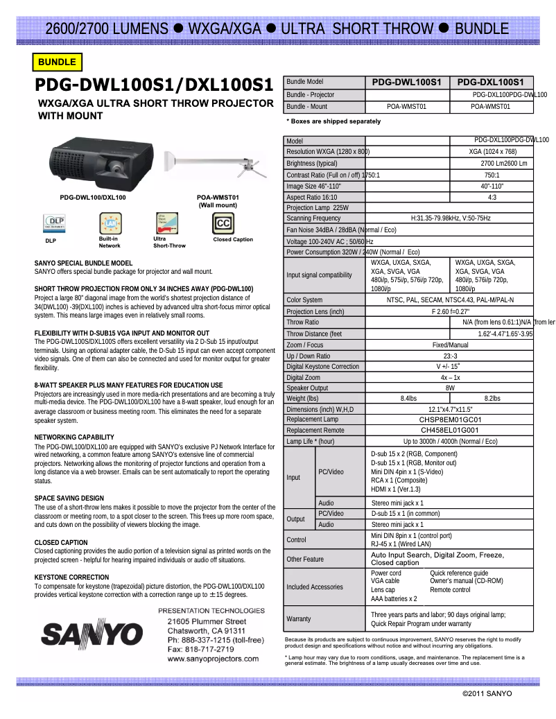 Page 1 de la notice Manuel utilisateur Sanyo PDG-DWL100S1