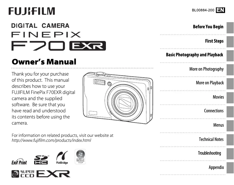 Page 1 de la notice Manuel utilisateur Fujifilm FinePix F70EXR