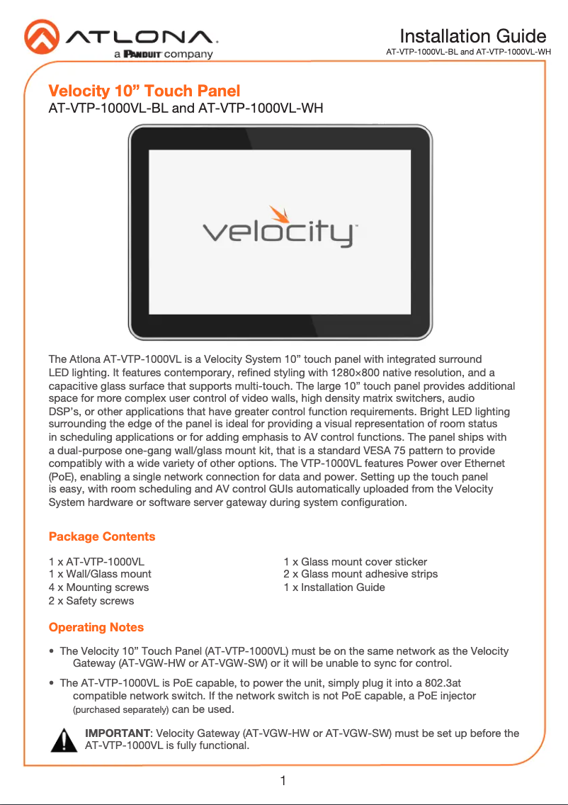 Image de la première page du manuel de l'appareil AT-VTP-1000VL