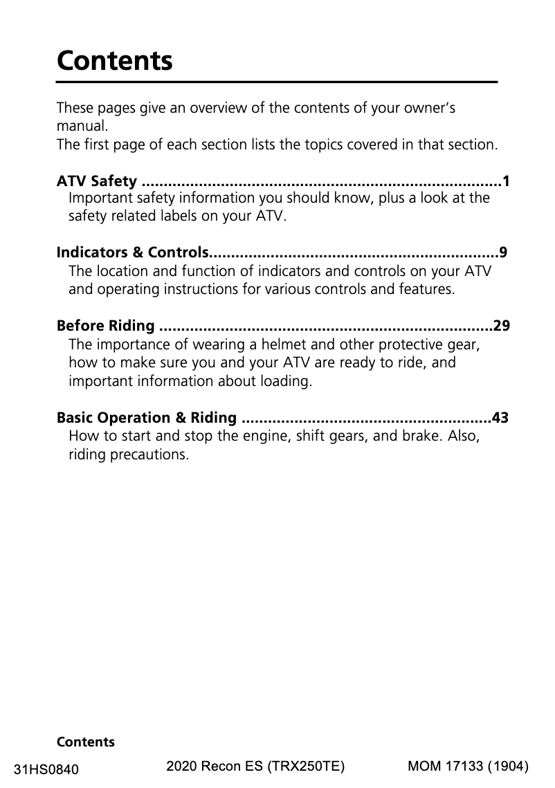 Page 1 de la notice Manuel utilisateur Honda FourTrax Recon TRX250TM (2020)