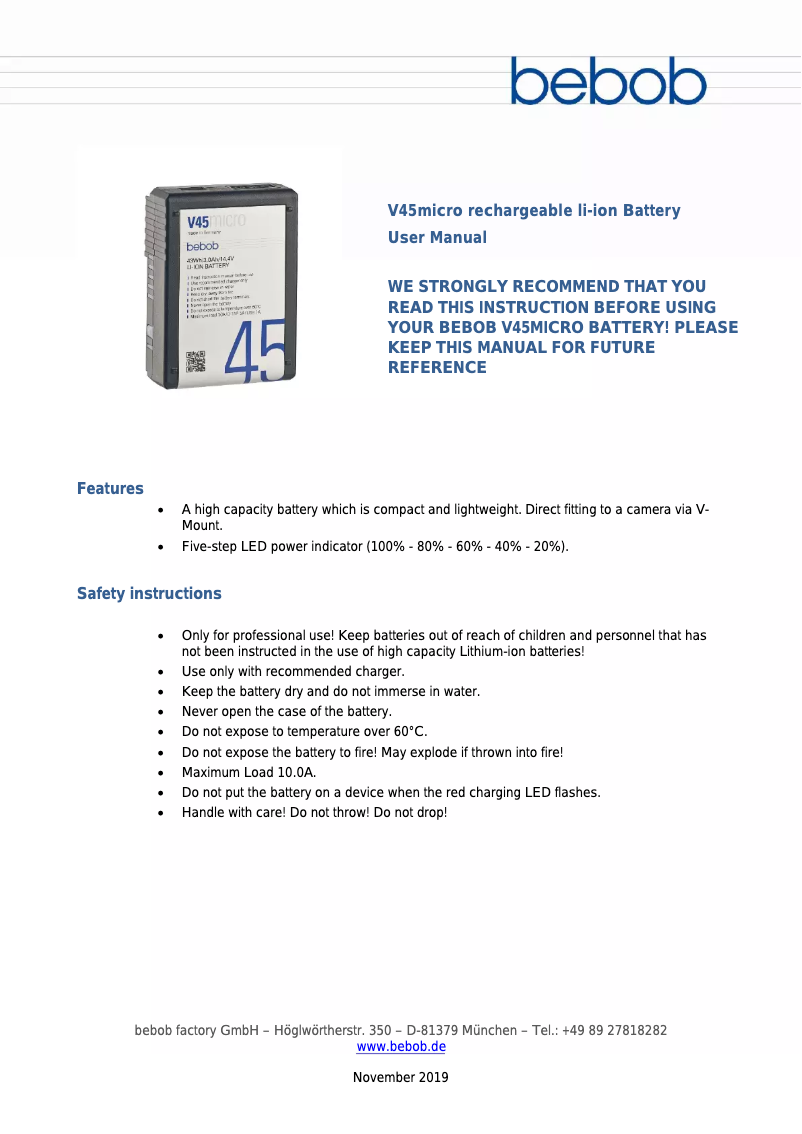 Page 1 de la notice Manuel utilisateur Bebob V45micro